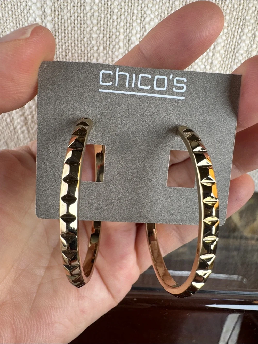 0346-Chico's‎ Gold Pyramid-Textured Hoop Earrings